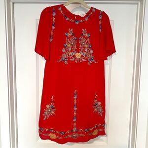 entro Red Floral Embroidered Flutter Sleeve Tunic Boho Fiesta Mini Dress Small